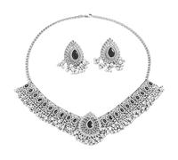 Juego de joyas indias vintage para mujer: gargantilla y pendientes de plata envejecida oxidada, regalo de boda bohemio con cristales, ropa festiva étnica para fiestas, Medium, Metal, Circonita cúbica