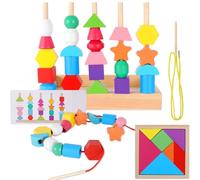 Juego de Juguetes de Secuenciación de Cuentas de Madera, Clasificador de Formas Juguetes para Enhebrar Educativos, Bloques de Construcción de Cuentas de Cordones con Tarjetas Tangram para Bebés Niños