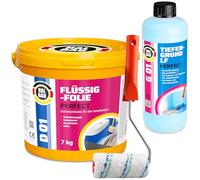 Juego de juntas de lámina líquida profesional 7 kg, goma líquida para interiores, barrera de agua bajo azulejos, baño, ducha, impermeabilización, imprimación profunda 1 L, rodillo de pintura H409