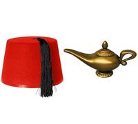 Juego de lámpara Gold Genie y rojo Fez, lámpara mágica de plástico duradero y sombrero rojo con borla negra, accesorio de disfraz de personaje de libro de cuentos de las noches árabes para el Día