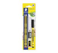 Juego de lápices STAEDTLER Noris 120 HB con rotulador de punta fina y regla | 2 lápices, goma de borrar, sacapuntas y accesorios, diseño hexagonal de madera reciclada - N.º de art. 120 SBK2P1