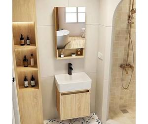 Juego de lavabo de baño montado en la pared con fregadero de cerámica y grifo, incluye drenaje desplegable y espejo