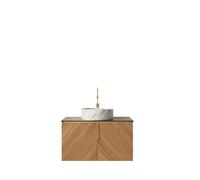 Juego de lavabo de baño montado en la pared, encimera de madera contrachapada, armario de base de vetas de roble, puertas de cierre suave, mango de latón (lavabo de cerámica redonda blanca con patrón