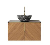 Juego de lavabo de baño montado en la pared, encimera de madera contrachapada, armario de base de vetas de roble, puertas de cierre suave, mango de latón (cuenco negro, lavabo de cerámica con patrón