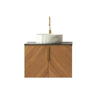 Juego de lavabo de baño montado en la pared, encimera, madera contrachapada, armario bajo, vetas de roble, puertas de cierre suave, mango de latón (lavabo de cerámica redonda blanca con patrón de