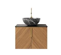 Juego de lavabo de baño montado en la pared, encimera, madera contrachapada, armario bajo, vetas de roble, puertas de cierre suave, mango de latón (cuenco negro, lavabo de cerámica con patrón de