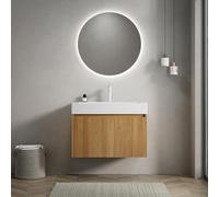 Juego de lavabo de baño montado en la pared, lavabo de resina rectangular integrado, frente a rayas, sistema de cajones LED de cierre suave, superficie mineral de fácil cuidado (natural, 70 cm)