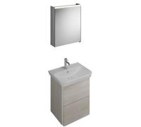 Juego de lavabo de cerámica burgbad Iveo incl. mueble bajo lavabo, versión izquierda, anchura: 650mm, SFHJ065LF2835G0161, Color: Roble Decor Merino / Roble Decor Merino, empuñadura vertical Blanco G01