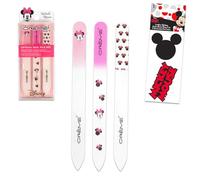 Juego de limas de uñas con cristales de Minnie Mouse, paquete con 3 limas de uñas grabadas de doble cara The Crème Shop más calcomanías para niñas, adolescentes y mujeres, accesorios de uñas de grano
