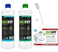 Juego de limpieza para lavavajillas BiOHY, detergente (1L), pastillas para lavavajillas (60 piezas), abrillantador (1L), dispensador para una aplicación simplificada de la cantidad