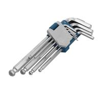 Juego de llaves allen - 9 llaves largas de acero Cr-V, con punta en bola y ángulo de 90 grados, ideales para tornillos en espacios reducidos.