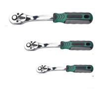 Juego de llaves de trinquete de 72 dientes en color verde con diseño de liberación rápida y asas curvas para mayor comodidad, construido de acero al cromo vanadio resistente para hacer frente a pernos