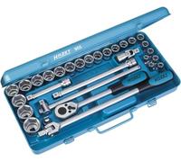 Juego de llaves de vaso HAZET 905 I Juego de herramientas de 30 piezas, accionamiento: cuadrado 12,5 mm (1/2 pulgada), accionamiento hexagonal exterior, maletín de herramientas móvil