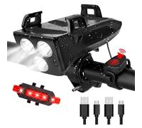 Juego de luces LED para bicicleta con soporte para teléfono recargable, luz para bicicleta de 4000 mAh con banco de energía con timbre y luz trasera, linterna para bicicleta, senderismo, camping, toda