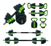 Juego De Mancuernas 4 En 1 De 44 Lb, Set De Pesas Convertible En Kettlebell Con Barra De Hierro Hueca De 50 cm y 8 Conectores, Diseño Poligonal, PVC y Hierro, Verde, Para Gimnasio En Casa