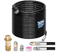Juego de manguera de limpieza de tuberías de 30 m, 180 bar, 60 °C, incluye boquillas rígidas + giratorias, 1 adaptador compatible con limpiadores de alta presión K2 K3 K4 K5 K6 K7