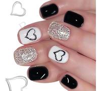 Juego de manicura francesa de 24 piezas con uñas artificiales y patrones de corazón negro uñas postizas para ocasiones especiales decoraciones de eventos corazón negro brillo plata uñas artificiales