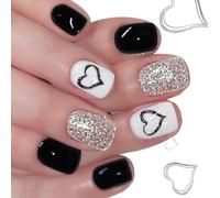 Juego de manicura francesa de 24 piezas de uñas artificiales con patrones de corazón negro Fale para ocasiones especiales Decoraciones de eventos Corazón negro Brillos plateados falsos