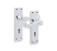 Juego de manijas de puerta con cerradura de palanca interna victoriana en la placa trasera, cromo pulido, decoración infinita