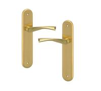 Juego de MANIVELAS puerta con placa larga modelo MAR - acabado latón mate - material aluminio - medida de la placa 238 mm de alto x 44 mm de ancho y manilla de 120 mm de longitud