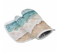 Juego de manoplas y agarraderas para cocina, diseño de olas del océano en verde azulado, beige, playa, pintura al óleo, verano, paquete de 2, agarre de silicona antideslizante resistente al calor para