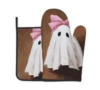 Juego de Manoplas y agarraderas para Horno con un Bonito Fantasma y Lazo Rosa, Resistentes al Calor, para cocinar, Hornear y Asar.