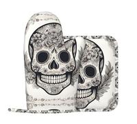 Juego de manoplas y soportes para ollas de silicona con estampado de calavera mexicana para cocinar, hornear, barbacoa, cocina, decoración