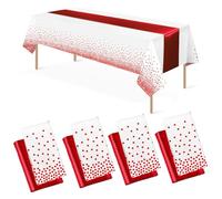 Juego de manteles desechables de plástico y camino de mesa de satén, 137 x 274 cm, mantel de lunares blancos y dorados, camino de mesa de satén dorado para boda, picnic, cumpleaños (blanco y rojo, 137