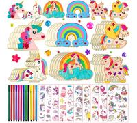 Juego de manualidades de madera, juego de manualidades de unicornio, manualidades de cumpleaños infantiles, con 30 unicornios, 12 lápices de colores, 2 pegatinas, diamantes de imitación, manualidades