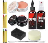 Juego de maquillaje de Halloween, cera de sangre falsa para Halloween, maquillaje para adultos, kit de maquillaje SFX, kit de maquillaje, incluye cera para cicatrices, spray de sangre falso + gotas+