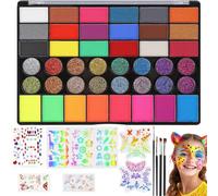 Juego de maquillaje infantil, maquillaje teatral para niños, colores a base de agua, 42 colores, 4 pinceles profesionales, 5 plantillas y 2 pegatinas de diamante para Halloween, carnaval