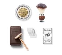 Juego de maquinilla de afeitar en estuche de cuero hecho a mano - incluye brocha de afeitar, bol de afeitado, jabón de afeitar, piedra de alumbre y 10 cuchillas de afeitar (Rosa oro - Café)