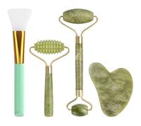Juego de masaje Gua Sha con rodillo de jade natural, masajeador facial para el cuidado de la piel, facial, cuello y músculos corporales