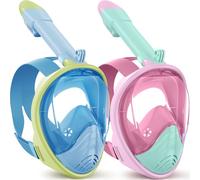 Juego de máscara de buceo para niños, máscara completa con tecnología antivaho y antifugas, sistema respiratorio, visión gran angular, incluye soporte para cámara y bolsa de red para niños