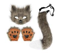 Juego de máscara de cola de piel esponjosa, guantes de patas y máscara de lobo Therian para Halloween, accesorios de Halloween, conjunto de disfraz de máscara G1N7 Cosplay, marrón, Taille unique
