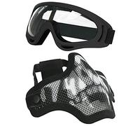 Juego de máscaras y Gafas Airsoft, máscara de Malla de Acero Completa de Media Cara y Gafas para CS/Caza/Paintball/Disparos (Black Skull Mask)