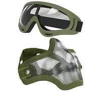 Juego de máscaras y Gafas Airsoft, máscara de Malla de Acero Completa de Media Cara y Gafas para CS/Caza/Paintball/Disparos (OD Skull)