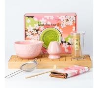 Juego de matcha rosa, juego de batidor de matcha de cerámica con batidor de matcha y cuenco, kit completo de 6 piezas y boquilla de té para hacer café con leche, accesorios para ceremonia de té, caja