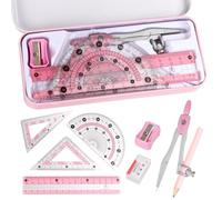 Juego de matemáticas, juego de transportador y brújula con caja de metal, brújula de dibujo con reglas, kit de brújula de matemáticas para suministros de clase y escuela, 9 piezas