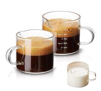 Juego de medición de vasos de café - 2 tazas de espresso transparente con asa, 75 ml | Vasos de chupito con en forma de V, accesorios de espresso de jarra de espuma de leche transparente para la