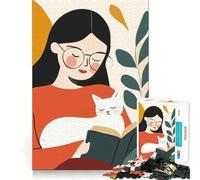 Juego de Memoria de 1000 Piezas con diseño de una Mujer Leyendo con un Gato Componentes Resistentes y fáciles de Transportar (38x52cm)
