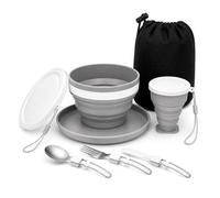 Juego de menaje camping plegable 6 en 1 - Incluye cuchillo, cuchara, tenedor acero inoxidable, taza, cuenco, plato y bolsa. Ideal para viajes, senderismo, picnic y acampada