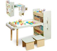 Juego de Mesa de Arte Sensorial y 2 Sillas Infantil 6-1 con Pizarra Cajon | Mesa y Silla Infantil con Estantería, Mesa de Arena y Agua, Mesa de Actividades de Altura Ajustable para Jugar y Estudiar