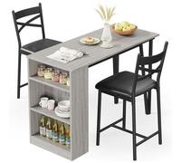 Juego de mesa de bar de 3 piezas, mesa de comedor plegable con 2 taburetes y 3 estantes laterales, mesa de bar y sillas con extensión superior abatible, rincón de desayuno alto for cocina con taburete