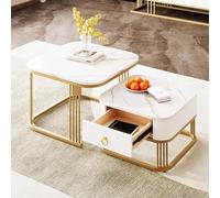 Juego de mesa de centro apilable con cajones, aspecto de mármol brillante y detalles dorados, mesa auxiliar de dos piezas en diseño moderno, ahorra espacio y se puede combinar de forma flexible (60 x