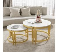 Juego de mesa de centro modulada efecto mármol marco de metal dorado mesas redondas en dos tamaños (blanco+oro)