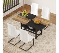 Juego de mesa de comedor de 160 x 90 cm con estante, mesa de comedor rectangular con espacio de almacenamiento y 4 sillas de comedor de tela tecnológica, moderno juego de sillas de mesa para comedor