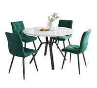 Juego de mesa de comedor de 5 piezas con tablero de mármol redondo y sillas ergonómicas de gamuza. Diseño simple para una vida elegante