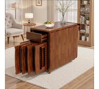 Juego de mesa de comedor extensible de 8 plazas con sillas, mesa de cocina de madera maciza, diseño que ahorra espacio, ruedas montadas, con bloqueo, acabado en nogal, 150 cm