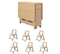 Juego de mesa de comedor plegable de madera extensible con 6 sillas, diseño de hojas colgantes que ahorra espacio para cocina, comedor o restaurante, ideal para espacios pequeños
